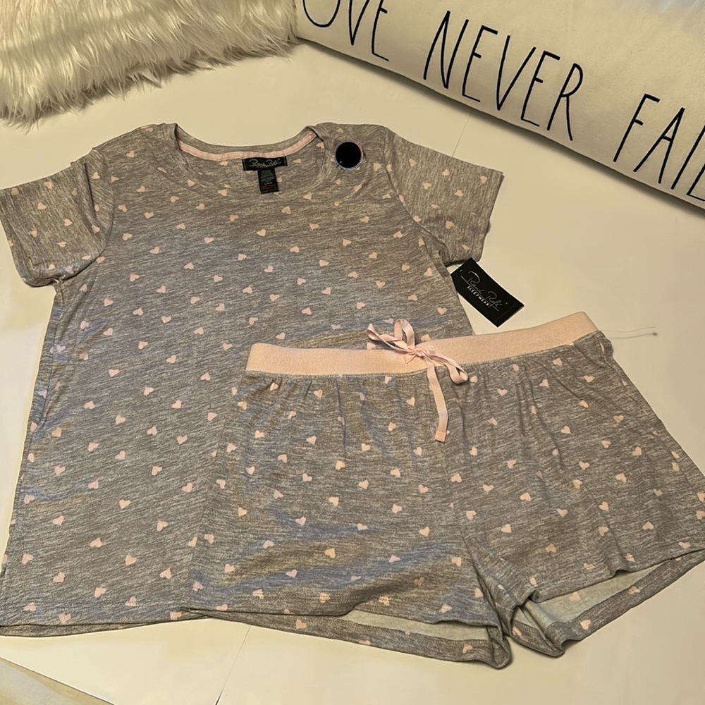 Rene Rofe Sleepwear PJ 2pc gray/pink hearts sleep short set Women’s L NEW